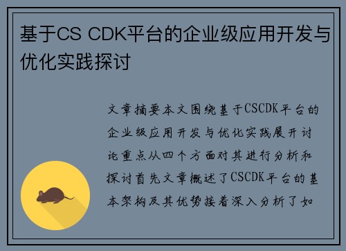 基于CS CDK平台的企业级应用开发与优化实践探讨