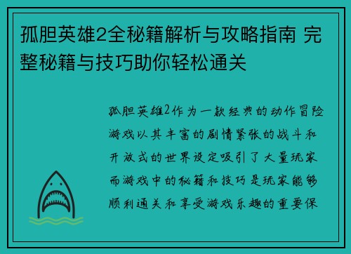 孤胆英雄2全秘籍解析与攻略指南 完整秘籍与技巧助你轻松通关